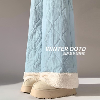 东北零下保暖棉裤女款冬季外穿加绒加厚羊羔毛裤子羽绒防风防寒裤