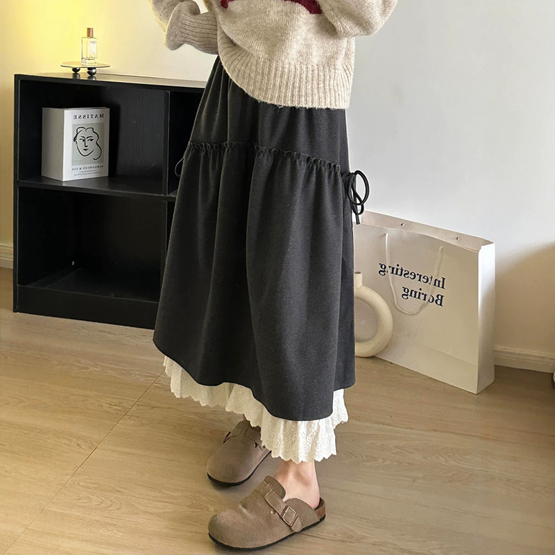 黑色毛呢半身裙女秋冬2026新款百搭蕾丝花边a字裙伞裙超美中长裙