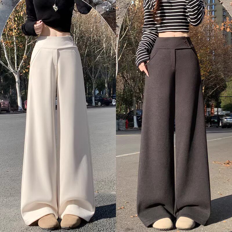 白色毛呢西装裤女秋冬2026新款纽扣低腰裤子小个子直筒休闲阔腿裤