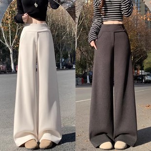 白色毛呢西装裤女秋冬2026新款纽扣低腰裤子小个子直筒休闲阔腿裤