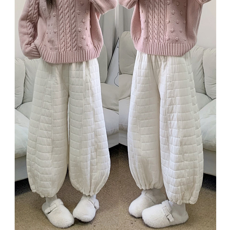 白色夹棉棉裤女冬季2025新款小个子加绒加厚阔腿裤高腰束脚运动裤
