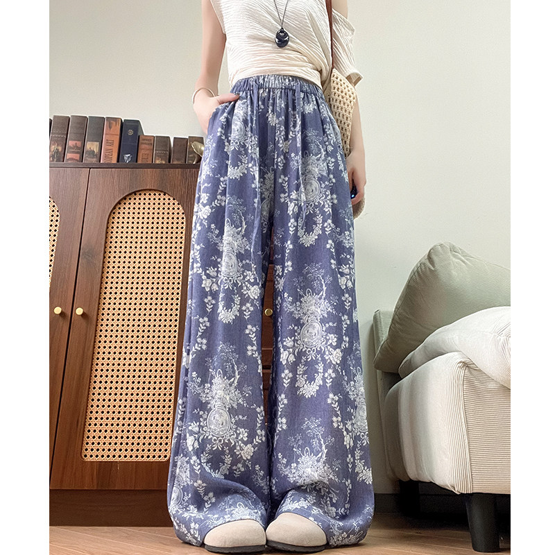 复古印花高腰垂感亚麻天丝女款春夏季慵懒风阔腿休闲裤