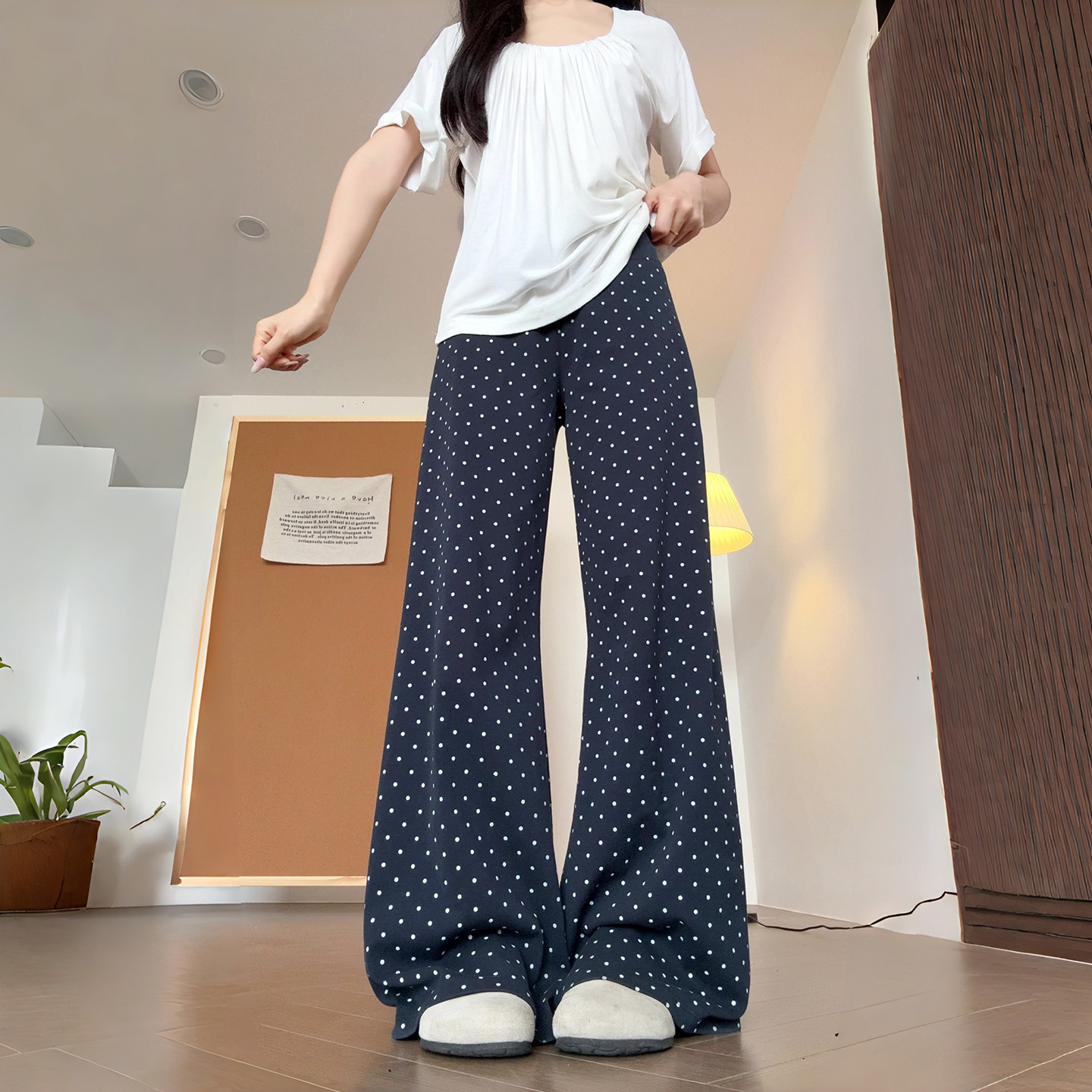 藏青色微喇西装裤女夏季2026新款波点长裤高腰阔腿裤垂坠感高级感