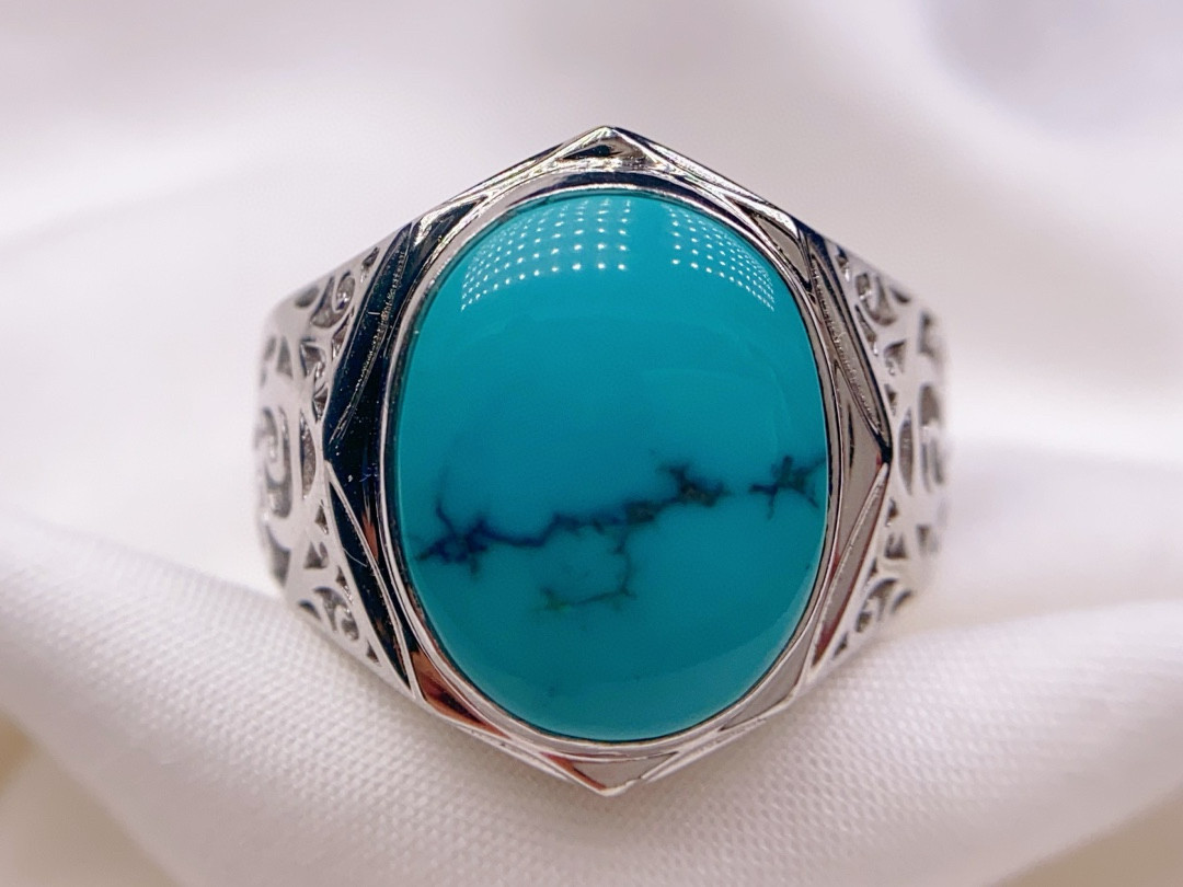 湖北十堰天然原矿高瓷蓝玉化料水草纹绿松石男款戒指指环