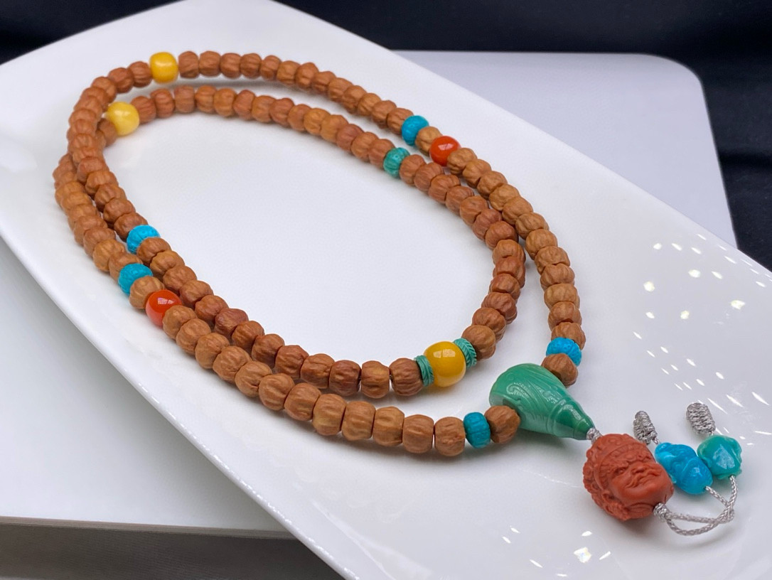 精品百香籽108佛珠搭配原矿绿松石天然蜜蜡、保山南红