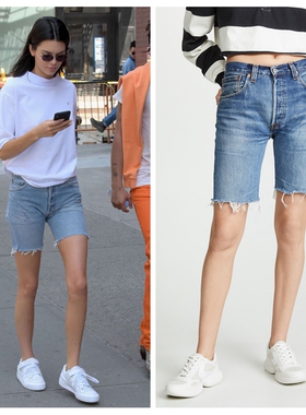 明星同款Re/Done 个性改制款蓝色高腰显瘦五分牛仔短裤宽松百搭