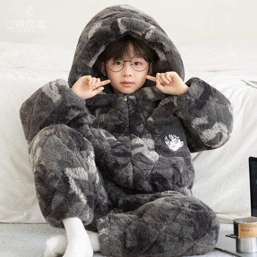 儿童睡衣男童冬款加厚款三层夹棉珊瑚绒大童男孩2025新款秋冬套装