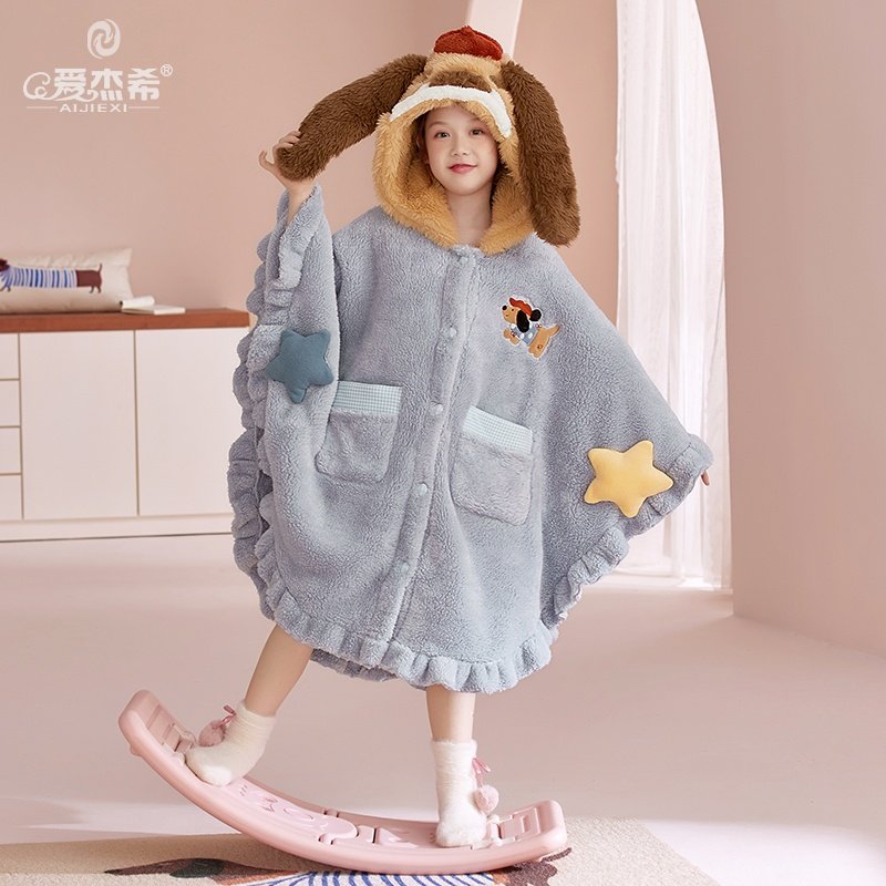 女童睡袍冬季2025新款儿童珊瑚绒加厚保暖斗篷女孩家居服浴袍睡衣