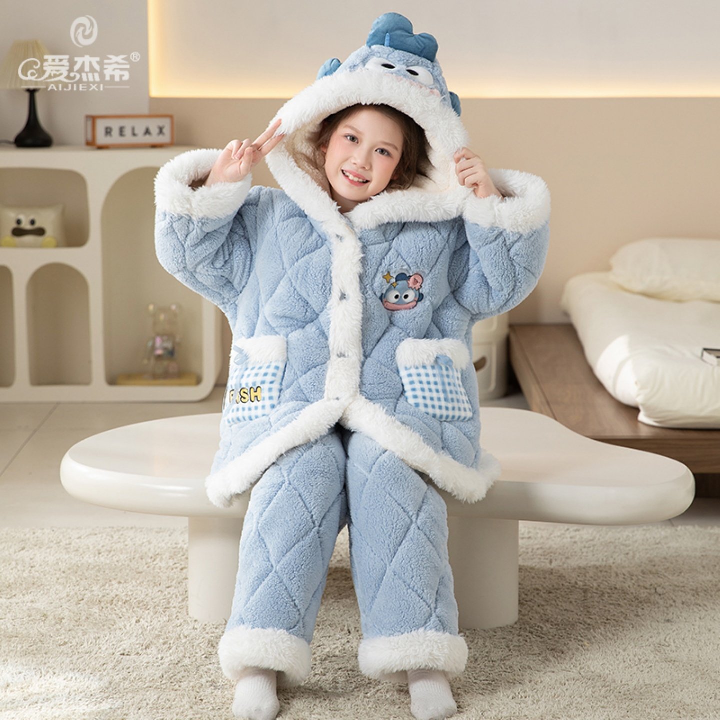 女童睡衣法兰绒珊瑚绒三层夹棉保暖套装甜美风小宝宝儿童家居服冬