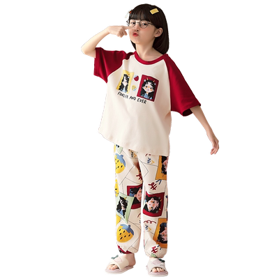 女童纯棉睡衣短袖长裤夏季