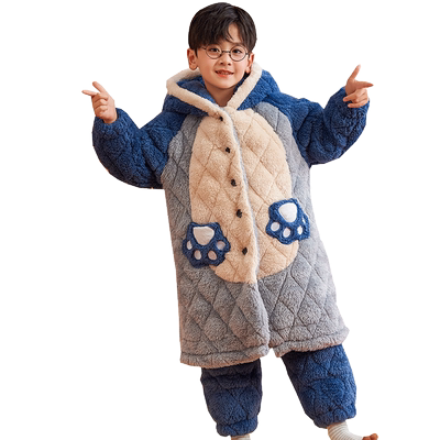 男童睡袍儿童睡衣珊瑚绒秋冬季三层夹棉加厚法兰绒男孩家居服浴袍