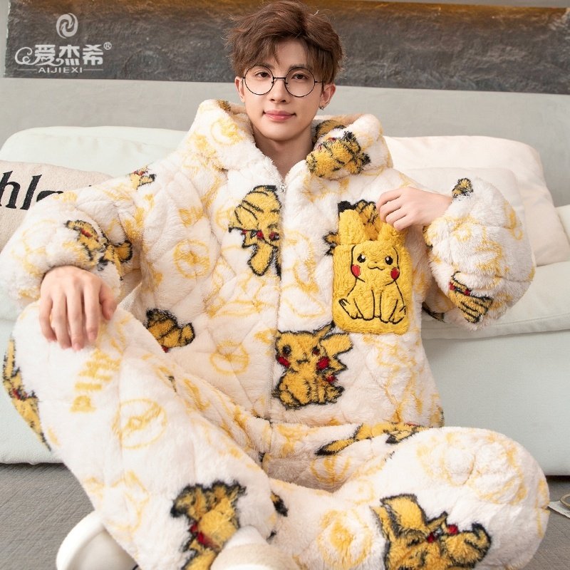 三层夹棉睡衣男款冬季加厚加绒珊瑚绒2025新款冬天男士连帽家居服,女士内衣/男士内衣/家居服,睡衣/家居服套装,淘宝优惠券,粉丝福利购,淘宝优惠卷
