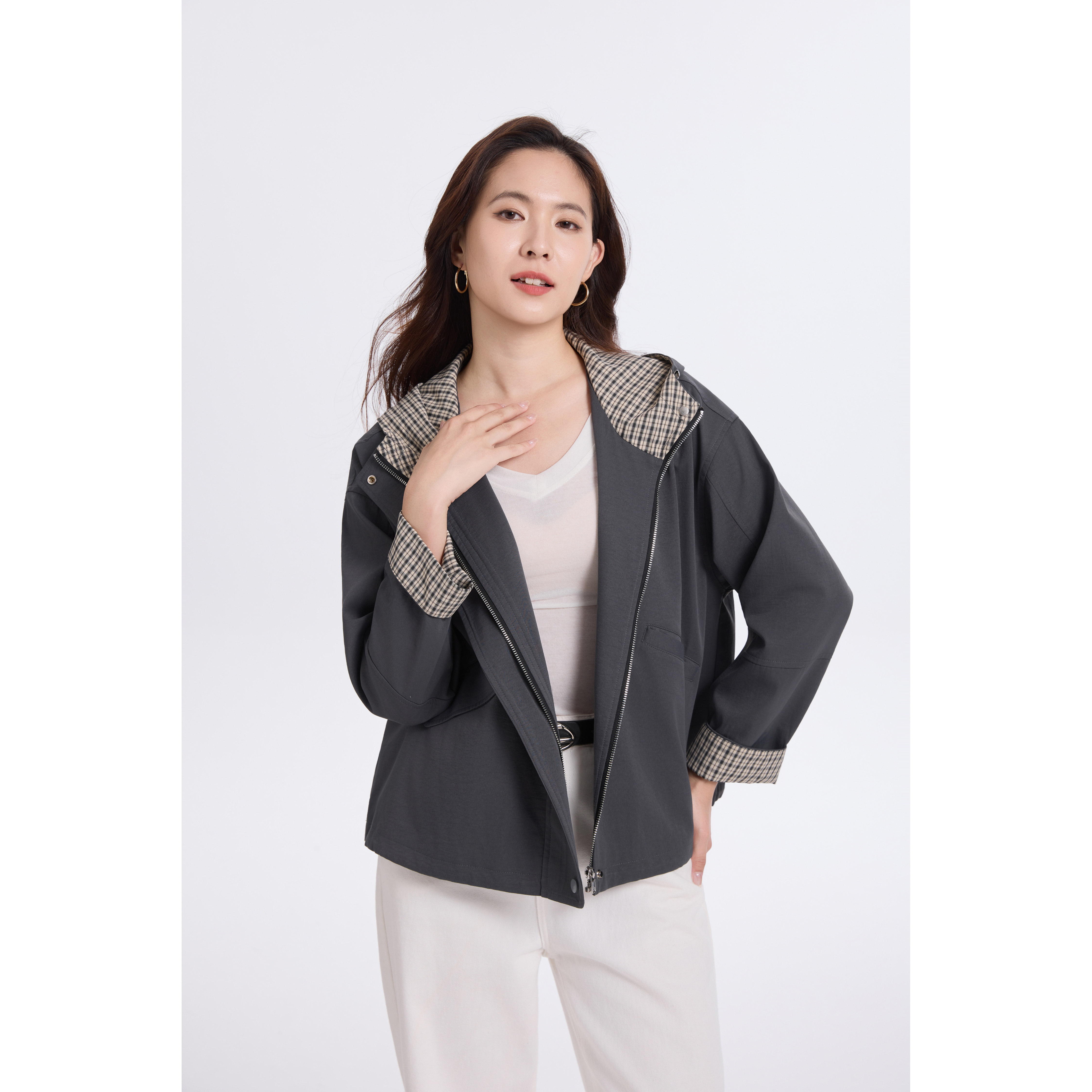 2026年春新款女格子拼接休闲百搭短款外套女百搭休闲连帽上衣,女装/女士精品,短外套,淘宝优惠券,粉丝福利购,淘宝优惠卷