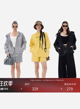 HONORE古月 Ledo联名 炒色做旧慵懒复古卫衣外套短裤松弛套装