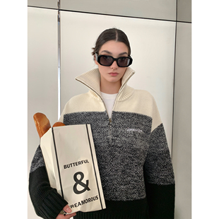 针织上衣 半拉链高领宽松羊毛毛衣女冬季 HONORE古月 慵懒随性girl