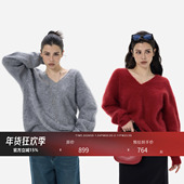 HONORE古月 慵懒老钱感100%进口白羊绒小v领宽松打底