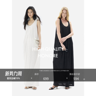 HONORE古月 U型领褶皱极简无袖 新品 重磅流光醋酸 长裙 85折