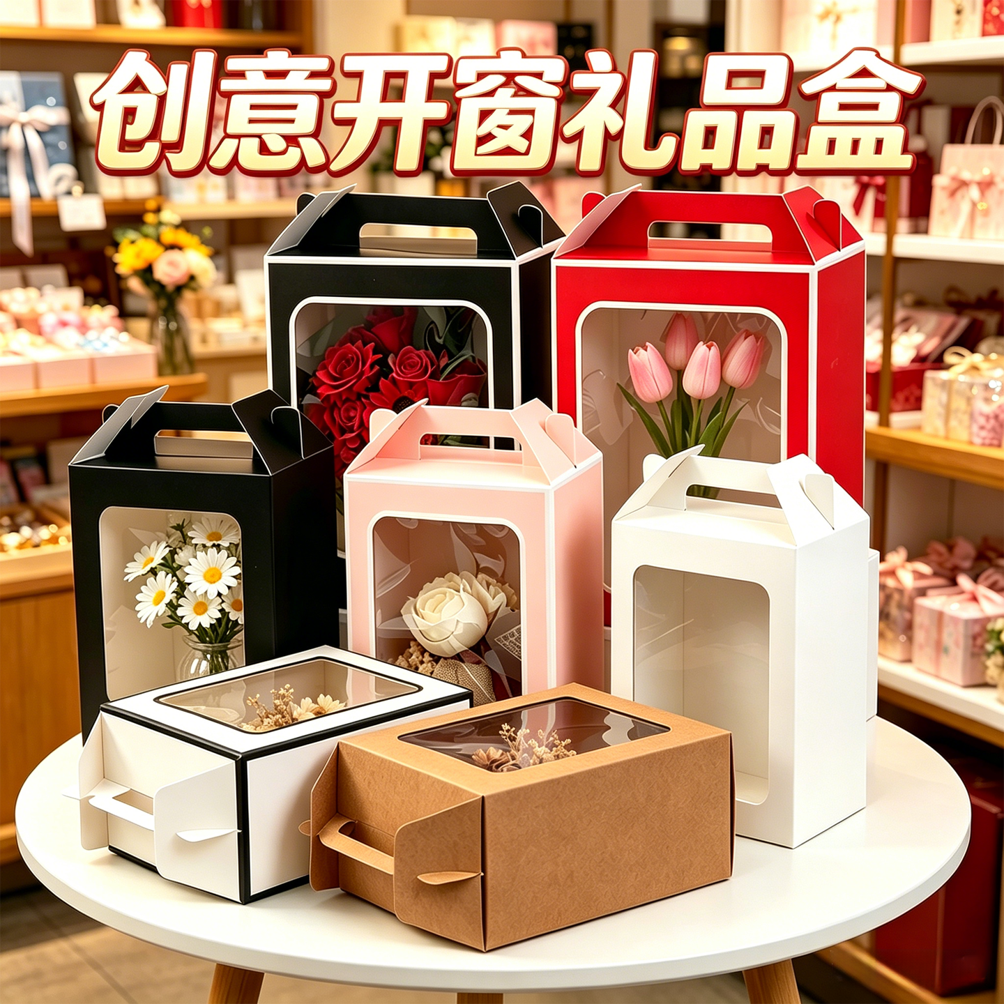 开窗手提盒白色牛皮色花袋成果展示毕业设计包装新款现货咖啡茶饮