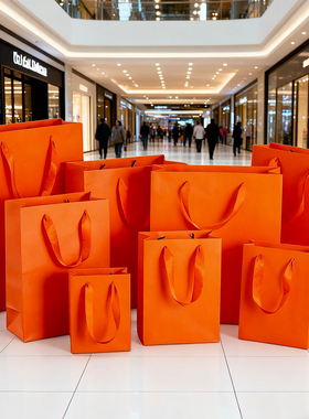 10个装加厚纸袋桔色购物袋 橘色包装袋橙色礼品袋 手提拎袋可定制