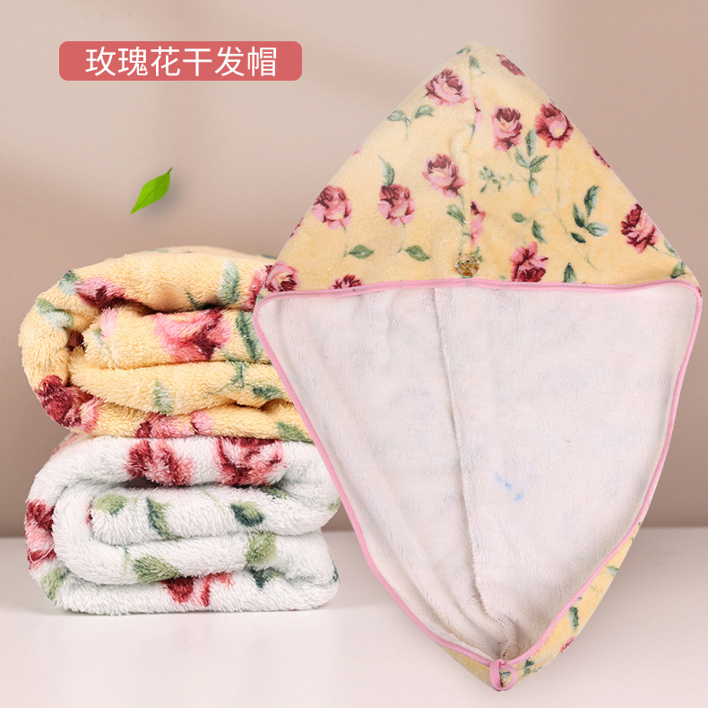韩国进口 玫瑰花图案 珊瑚绒加厚干发帽裹头巾干发巾长绒7倍吸水 - 封面
