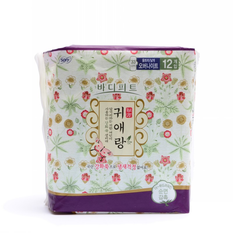 韩国原装进口LG贵爱娘中草药草本姨妈卫生巾大号棉柔去味夜用33CM