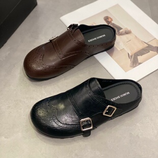 复古雕花布洛克包头半拖鞋女2026浅口潮流低帮双扣带一脚蹬休闲鞋