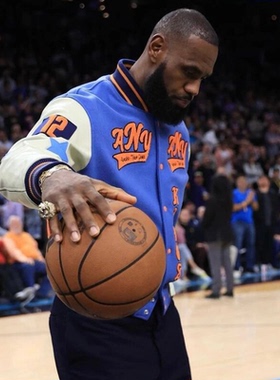 美式篮球复古詹姆斯同款蓝色狮子棒球服重磅刺绣皮袖夹克飞行外套