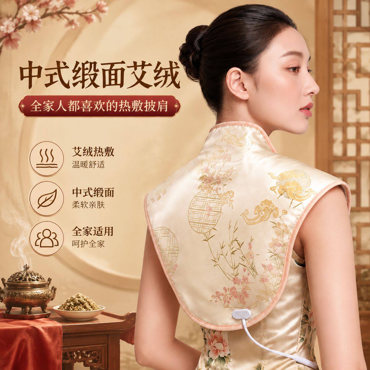 中式缎面电加热敷艾草艾绒艾灸肩颈披肩海盐保暖温灸热敷披肩