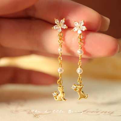 野菓子《樱花与猫咪》日系淡水珍珠长款流苏耳环小众设计耳饰耳夹