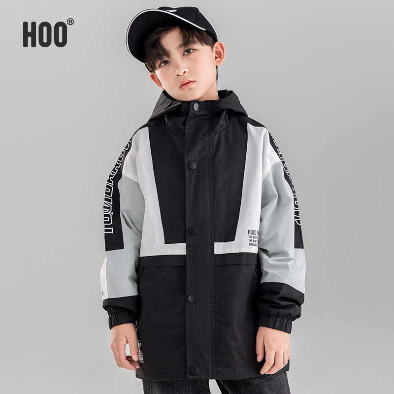 hoo儿童装男童防风外套春秋款 中大童连帽冲锋衣男孩运动工装上衣