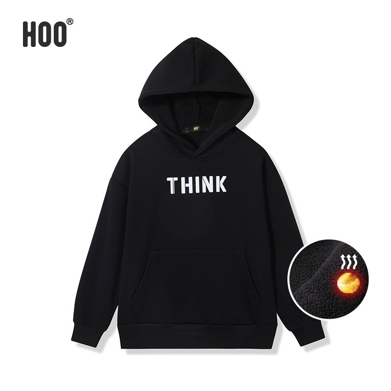 hoo带帽卫衣男童加绒加厚上衣青少年一体绒初中生黑色打底衫男生