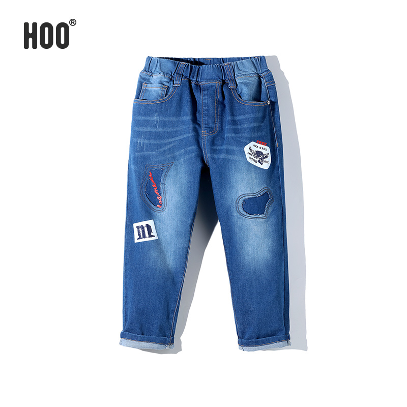 hoo男童牛仔长裤韩版潮流休闲裤春秋款 大童小直筒牛仔裤破洞裤子
