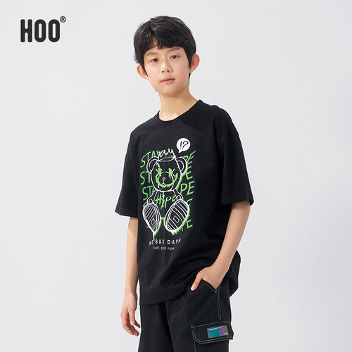 hoo男童短袖t恤潮牌纯棉半袖夏装男孩体恤青少年大童休闲上衣薄款