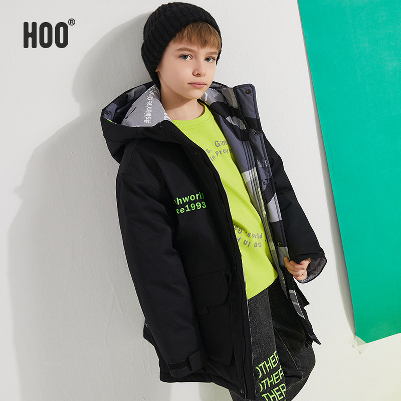 hoo男童棉服外套冬季中长款 连帽夹棉上衣中大童纯色加厚棉衣冬装