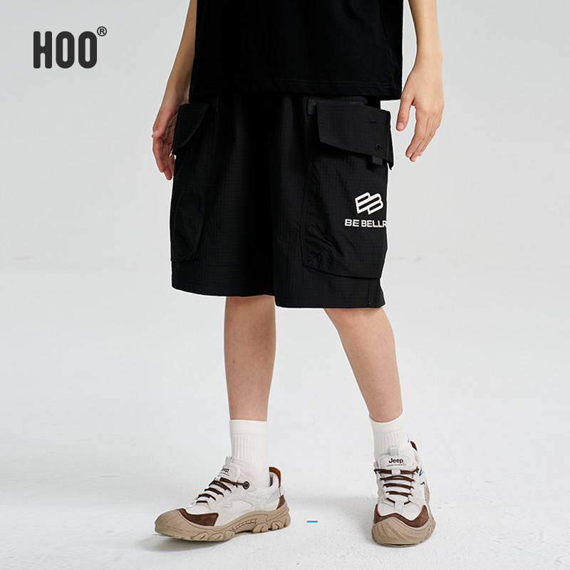 hoo男童短裤工装夏季裤子2025新款大童中裤青少年五分裤黑色薄款