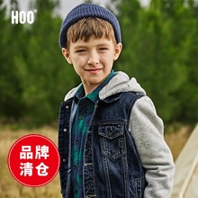 加绒韩版 15岁中大童连帽外套 hoo男童牛仔拼接上衣2019新款 冬季