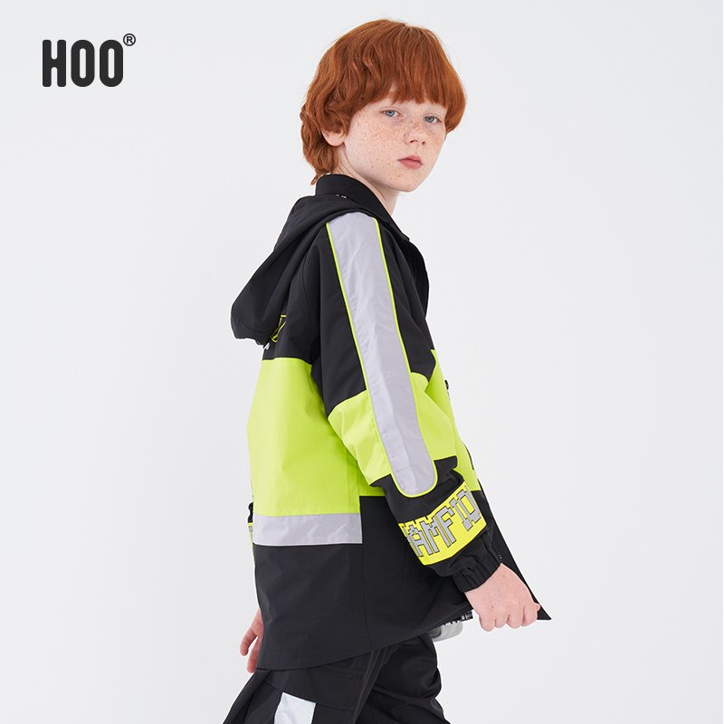 hoo儿童冲锋衣带帽加绒拉链衫男大童运动外套休闲春秋男孩风衣冬