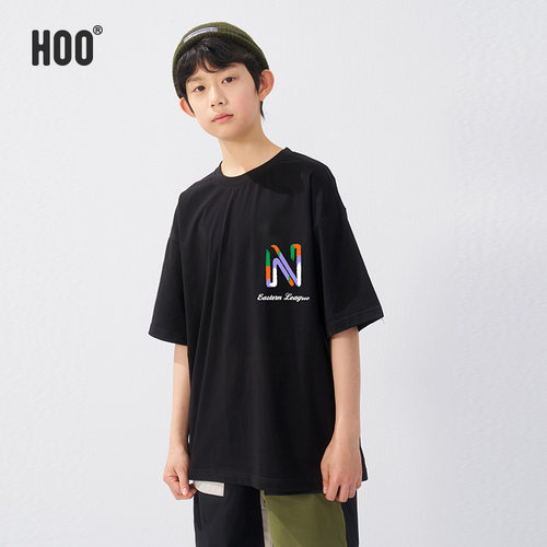 hoo男童短袖T恤黑色夏装儿童2024新款中大童男孩衣服男生上衣童装