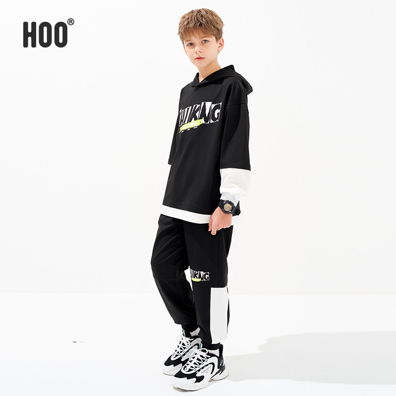 hoo男童套装儿童两件套2024春秋装新款中大童假两件连帽卫衣裤子