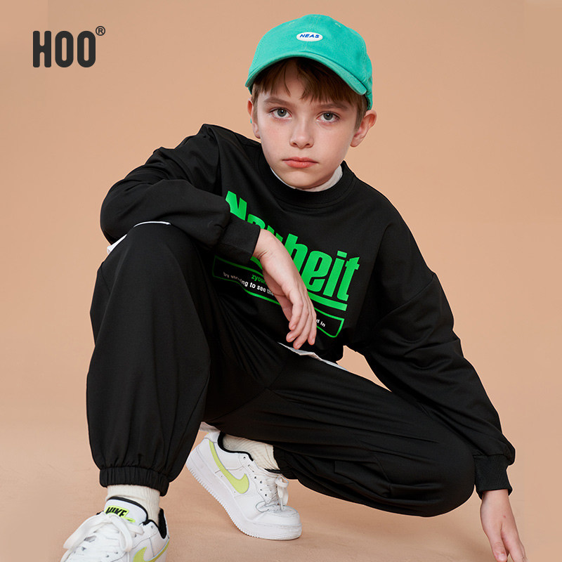 hoo男童套装加绒儿童黑色两件套中大童长袖男孩卫衣裤子春秋2件套