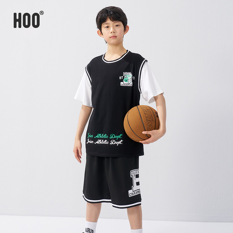 hoo男童短袖套装青少年运动装儿童宽松2件套中大童短裤短T童装潮