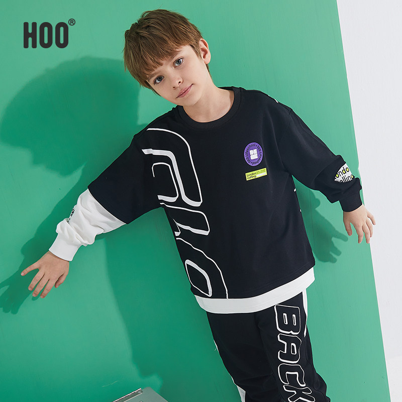 hoo男童春秋套装青少年洋气中大童黑色运动加绒卫衣两件套春秋