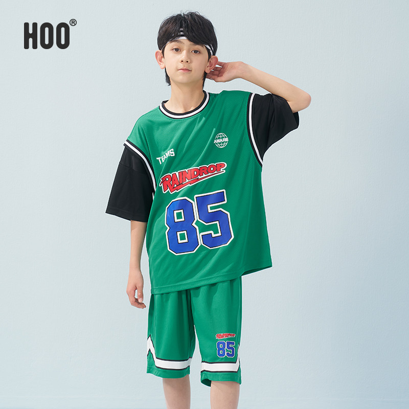 hoo男童短袖套装夏季儿童短袖T恤短裤大童运动两件套青少年篮球服