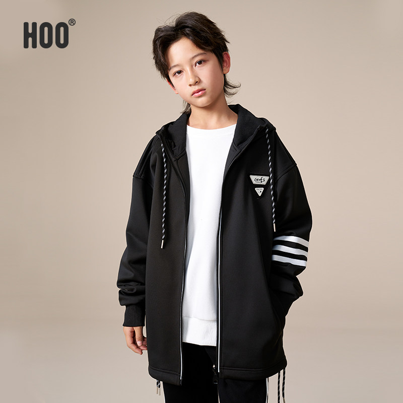 HOO男大童加绒外套2024新款初中生潮牌连帽休闲卫衣开衫青少年