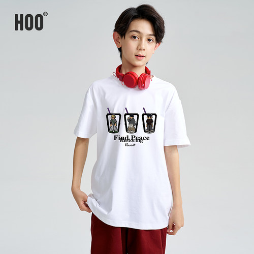 hoo男童短袖卡通圆领白色休闲T恤大童男装夏季半袖青少年百搭上衣