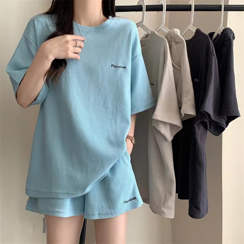带胸垫睡衣女港味阔腿短裤短袖T恤两件套女夏季宽松休闲运动套装