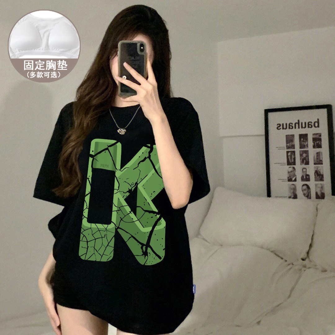 100%纯棉带胸垫短袖睡衣女夏季超拽酷女孩黑色T恤单上衣免穿内衣