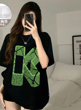 100%纯棉带胸垫短袖睡衣女夏季超拽酷女孩黑色T恤单上衣免穿内衣