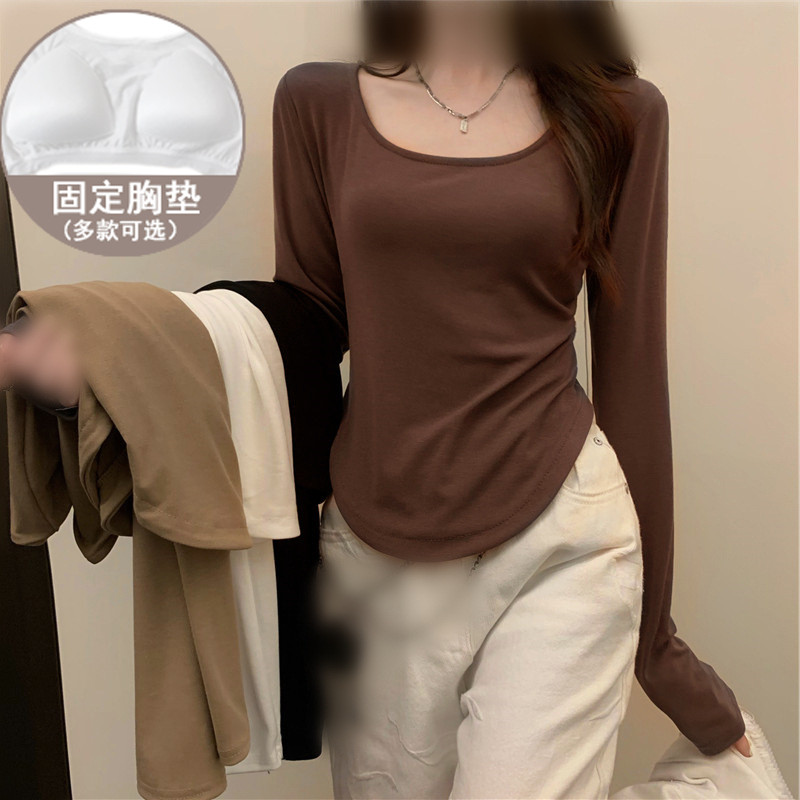 带胸垫睡衣设计短款长袖t恤女纯欲风打底衫秋季修身显瘦内搭上衣