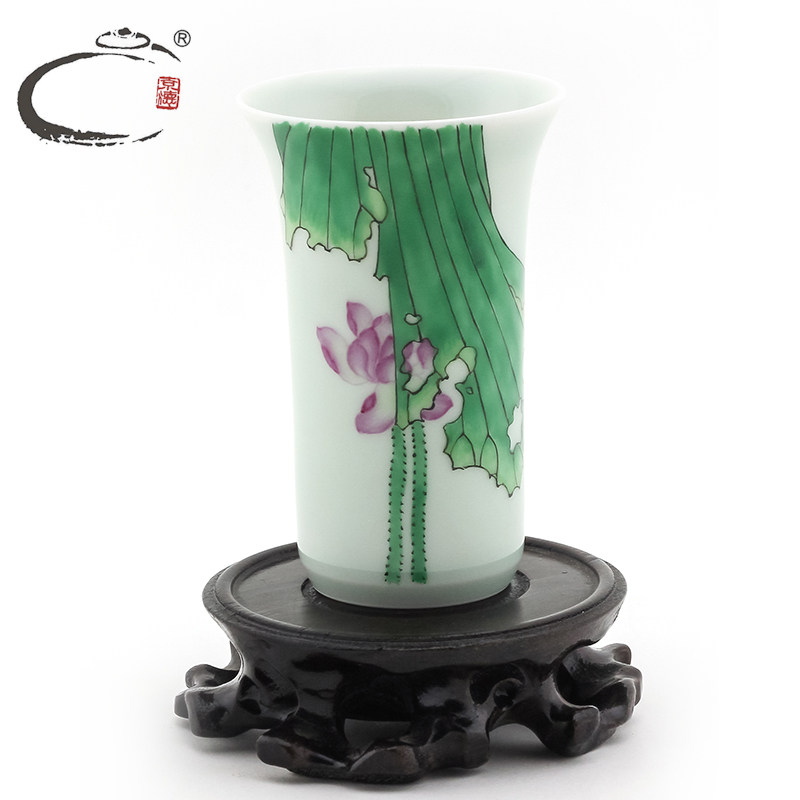 京德珍藏全手绘单杯荷花杯景德镇茶具粉彩高杯瓷器茶器陶瓷品茗杯